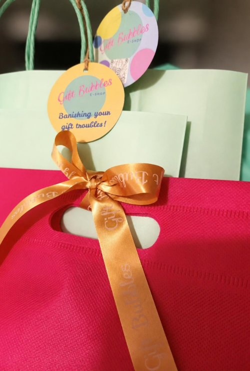 bubble gifts bag with blured background